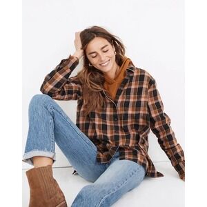 Madewell Flannel Oversized Ex-Boyfriend‎ Shirt Sz XS Gideon Plaid Brown Black